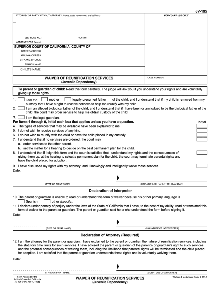 Form JV 195 Download Fillable PDF, Waiver of Reunification