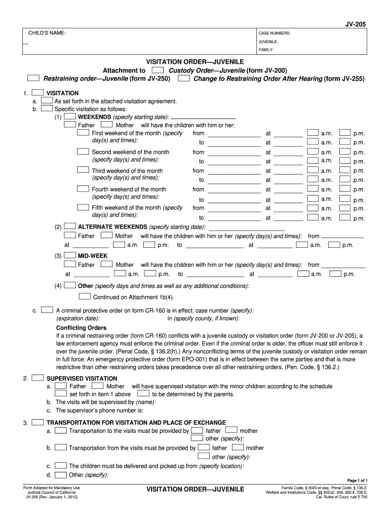 JV 205 Visitation OrderJuvenile Judicial Council Forms