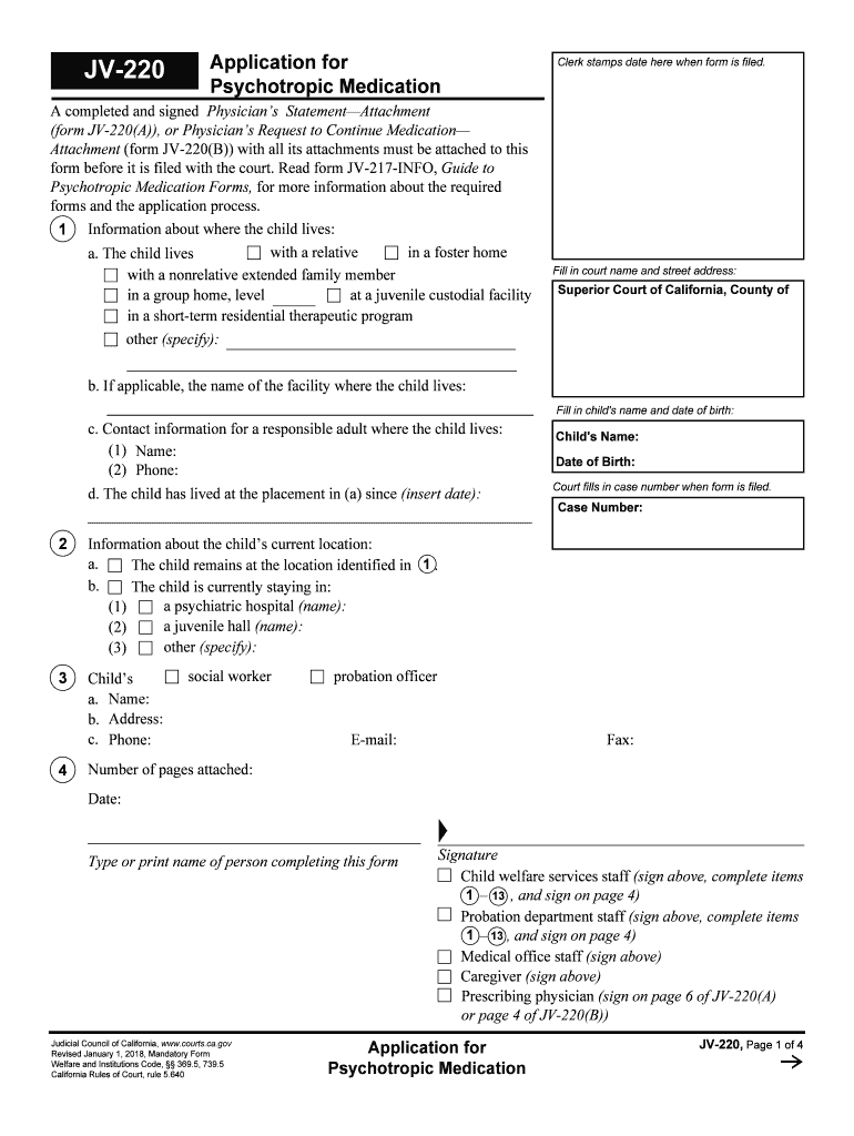 JV 220 Application for Psychotropic Medication California  Form
