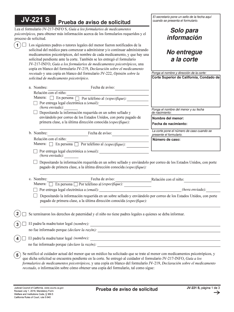 JV 221 S Proof of Notice of Application Spanish Judicial Council Forms