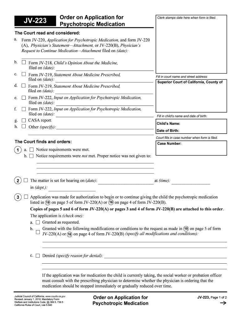 Form JV 223 Order on Application for Psychotropic