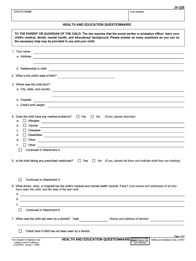 JV 225 Your Child's Health and Education  Form
