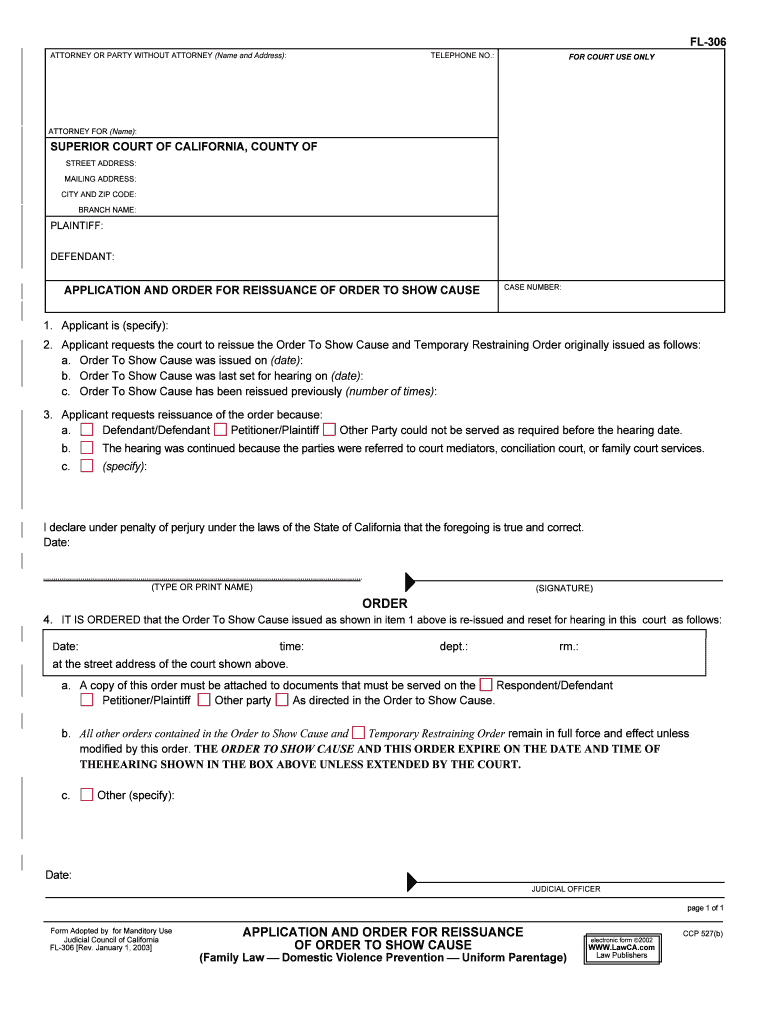 FL 306 Request and Order to Continue California Courts  Form