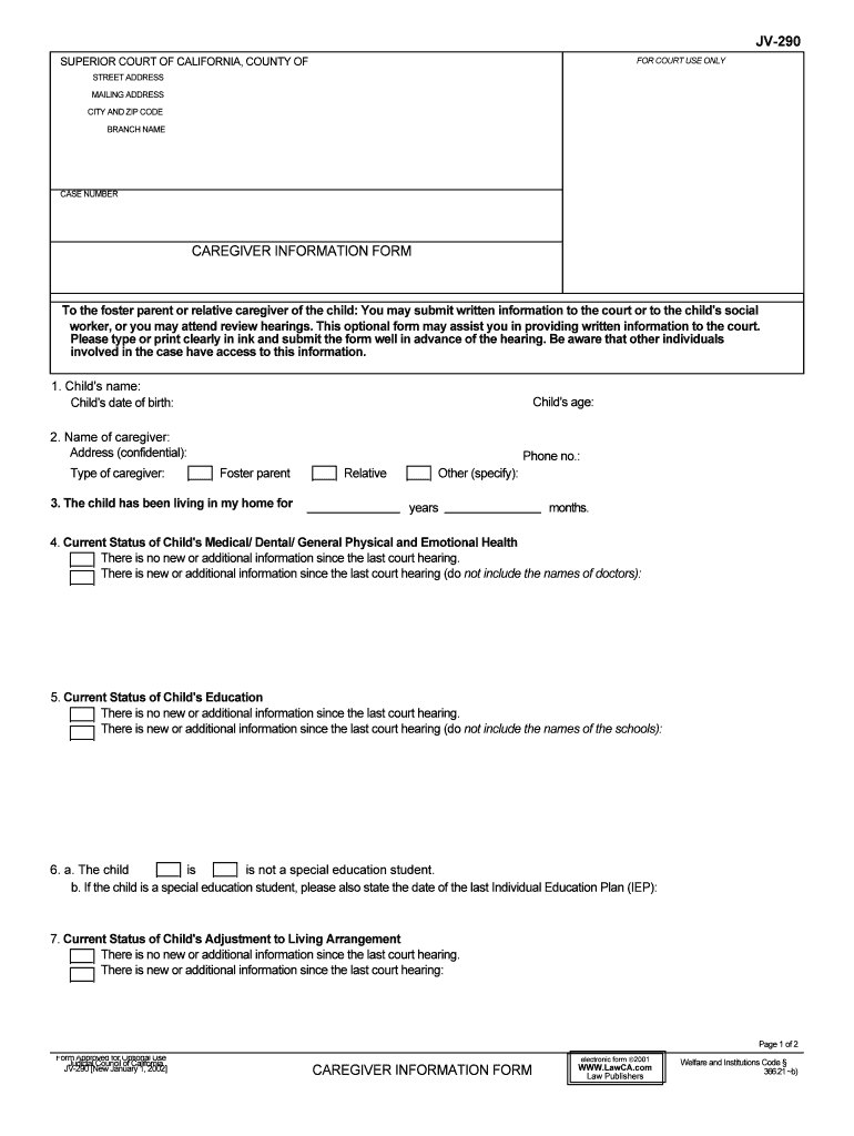 JV 290 Caregiver Information Form California Courts CA Gov