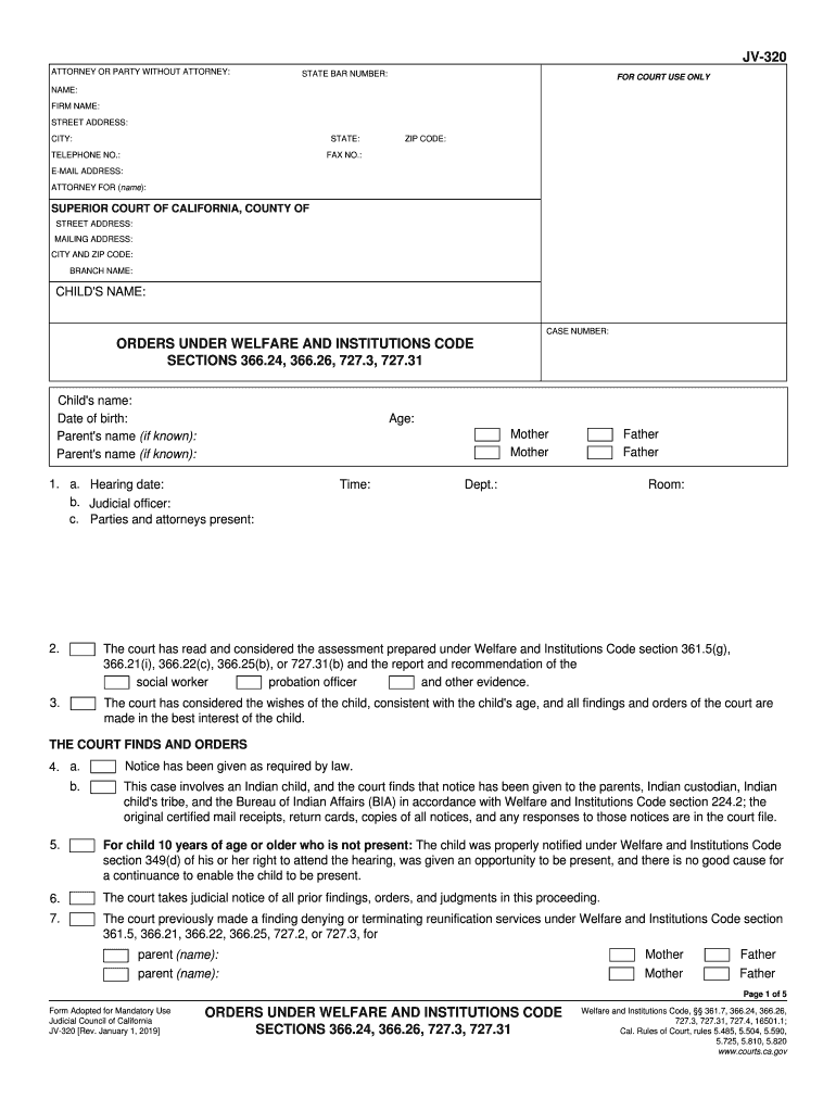 JV 320 ORDERS under WELFARE and INSTITUTIONS CODE SECTIONS  Form