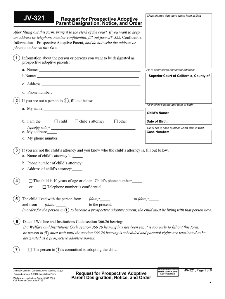 Request for Prospective Adoptive Parent Designation JV  Form