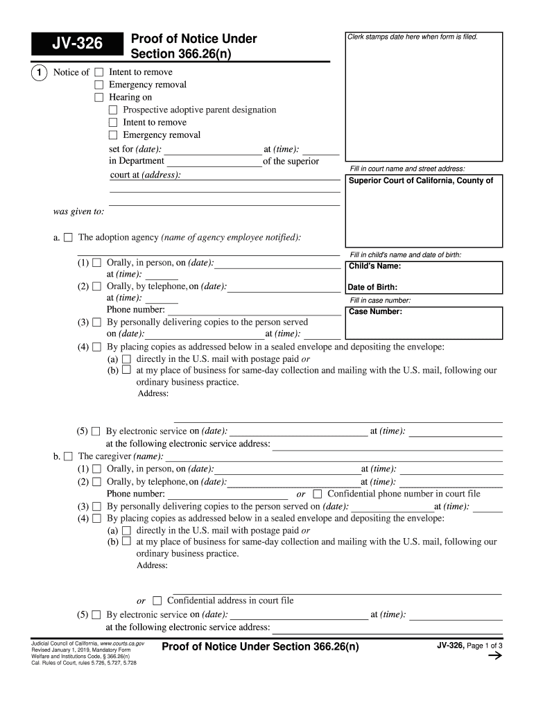 Proof of Notice under JV 326 Section 366 26n Clerk  Form