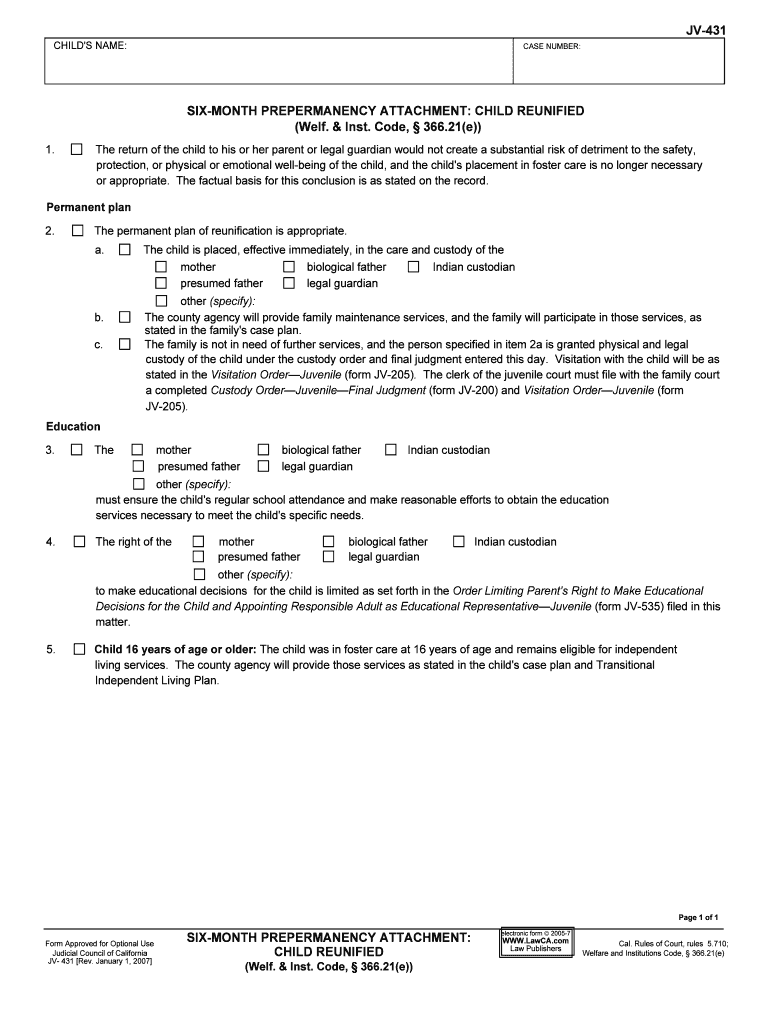 Six Month Prepermanency Attachment Child Reunified JV 431  Form