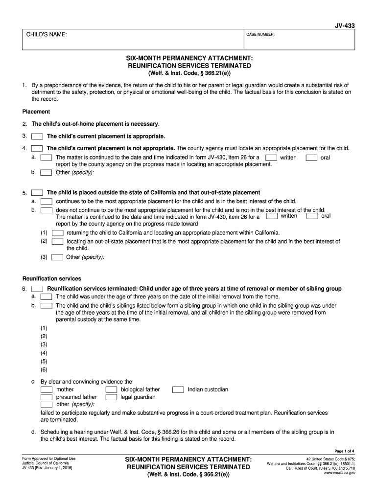 JV 433 Six Month Prepermanency Attachment Judicial Council Forms