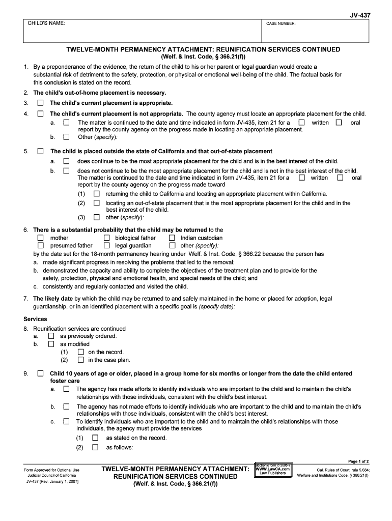 TWELVE MONTH PERMANENCY ATTACHMENT REUNIFICATION SERVICES  Form