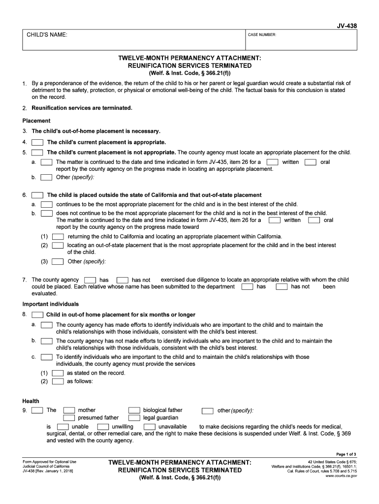 Form JV 438 Twelve Month Permanency Attachment