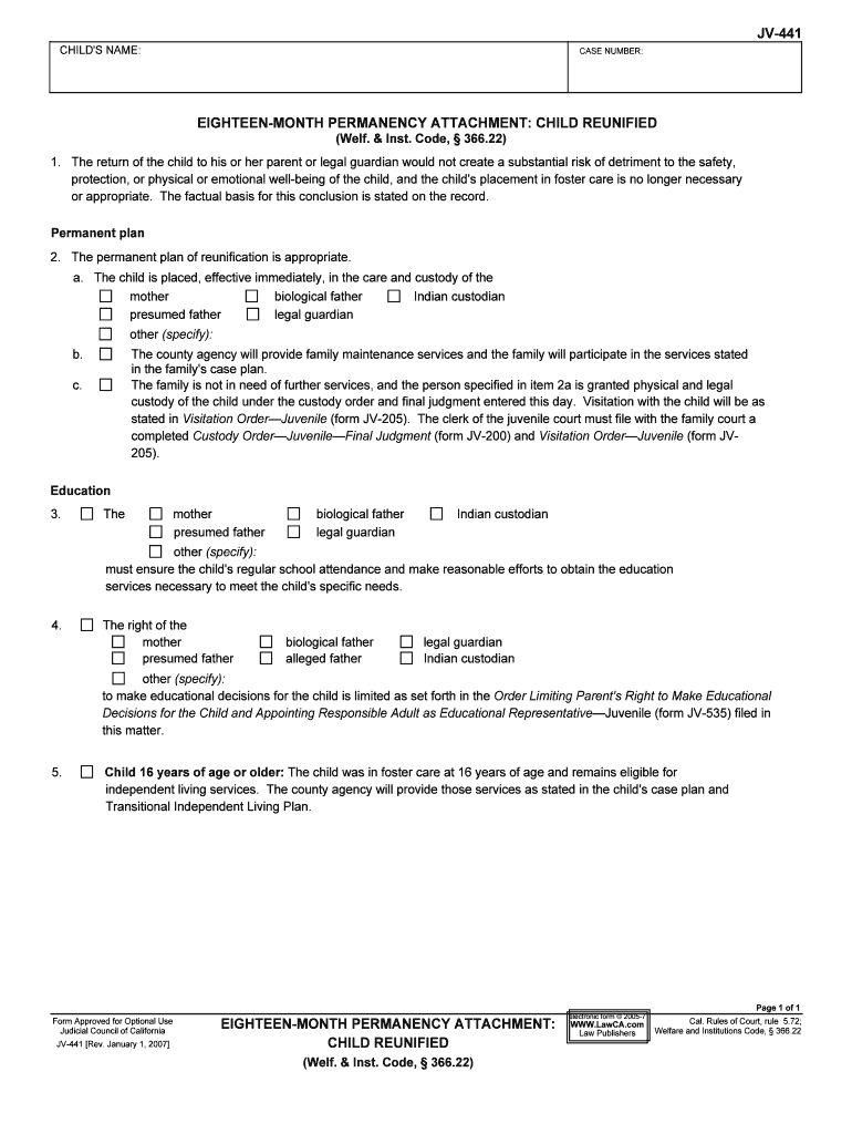 Eighteen Month Prepermanency Attachment Child Reunified  Form