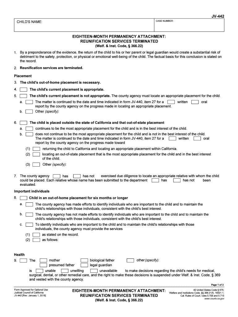 Form JV 442 Eighteen Month Permanency Attachment