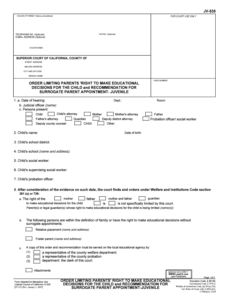 Fillable Online Alpine Courts Ca JV 535 Findings and  Form