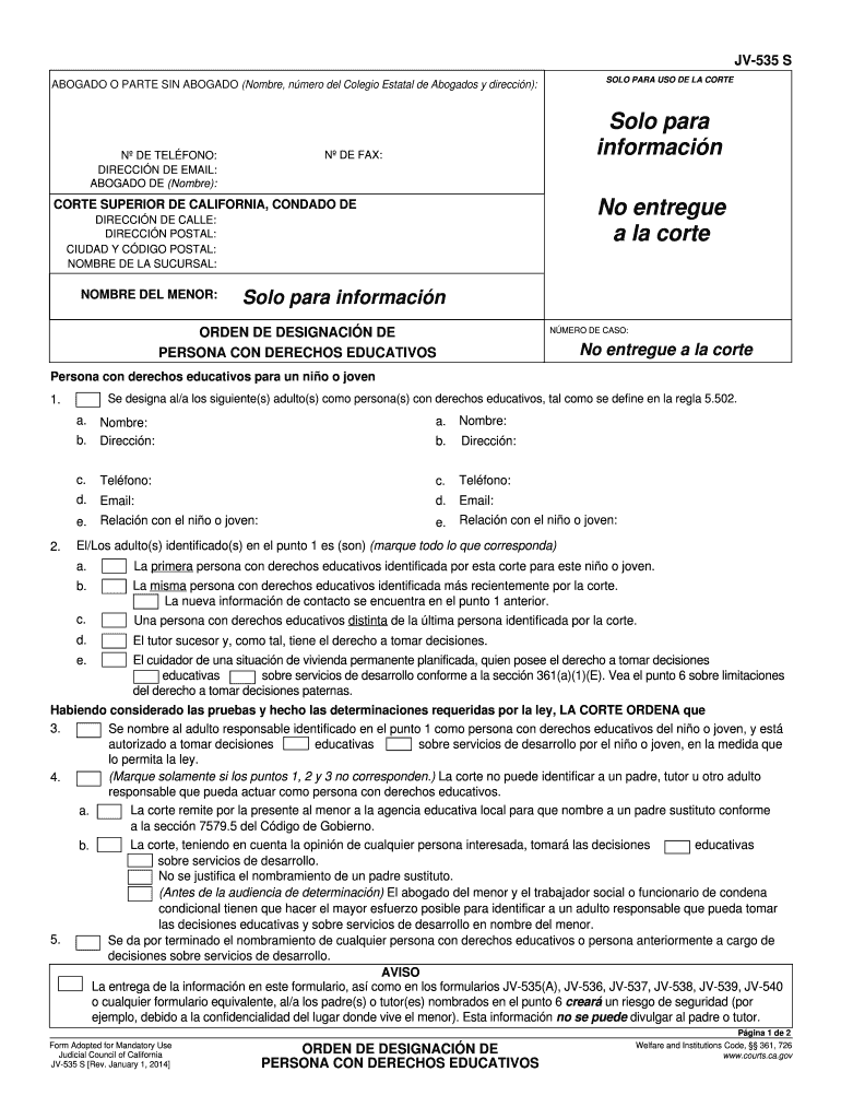 JV 535 S Order Designating Educational Rights Holder Spanish Judicial Council Forms