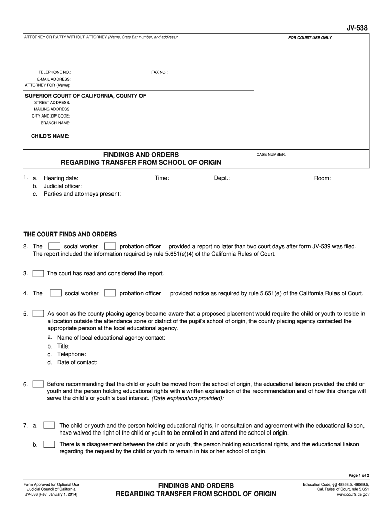 JV 538 FINDINGS and ORDERS Judicial Council Forms