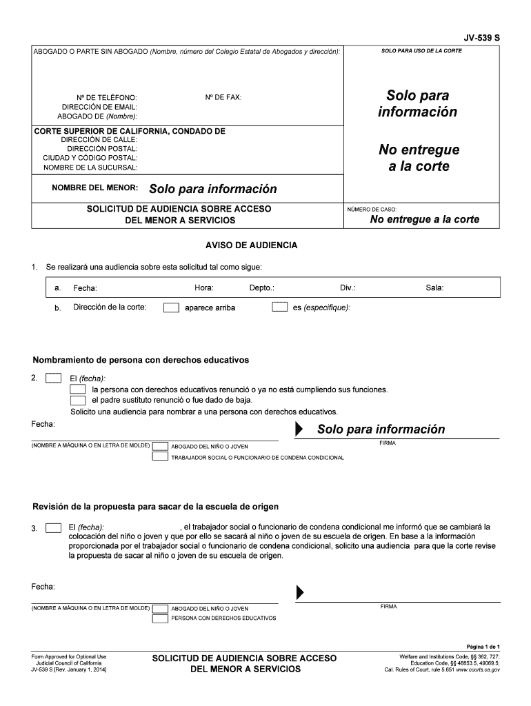 Fillable Online Courts Ca JV 539 S Request for Hearing  Form