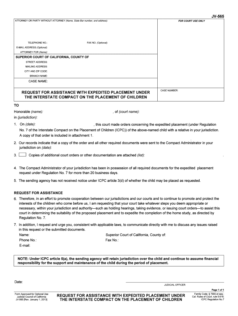 JV 565 Request for Assistance with Expedited Placement  Form