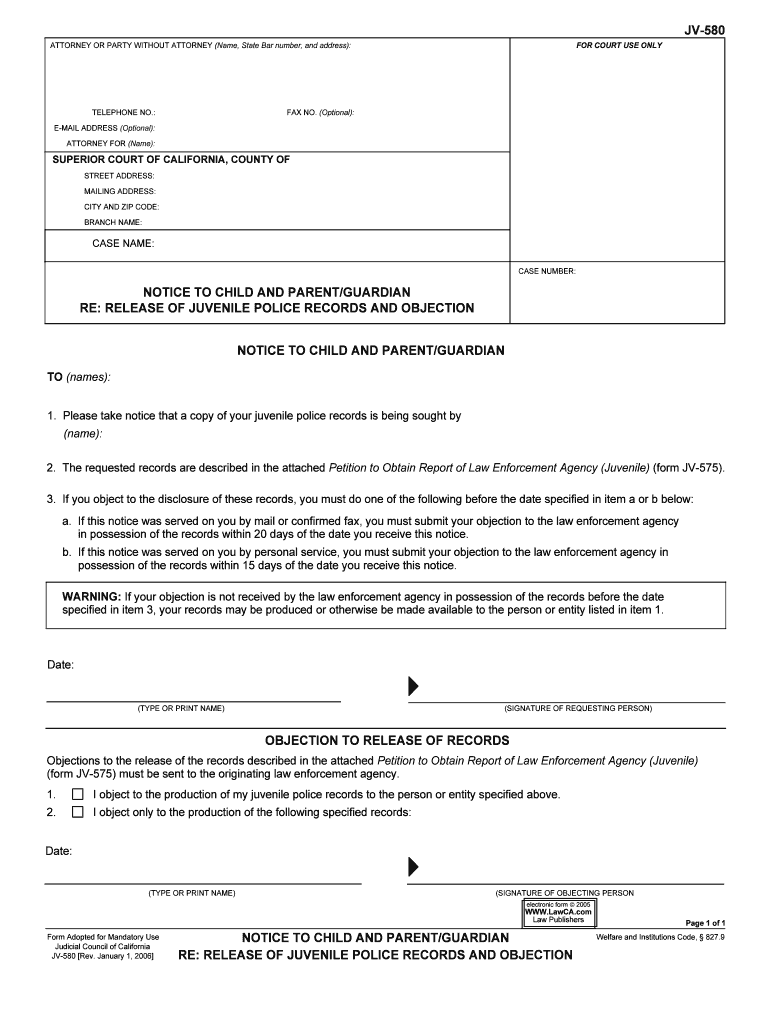 JV 575 Petition to Obtain Report of Law Enforcement Agency  Form