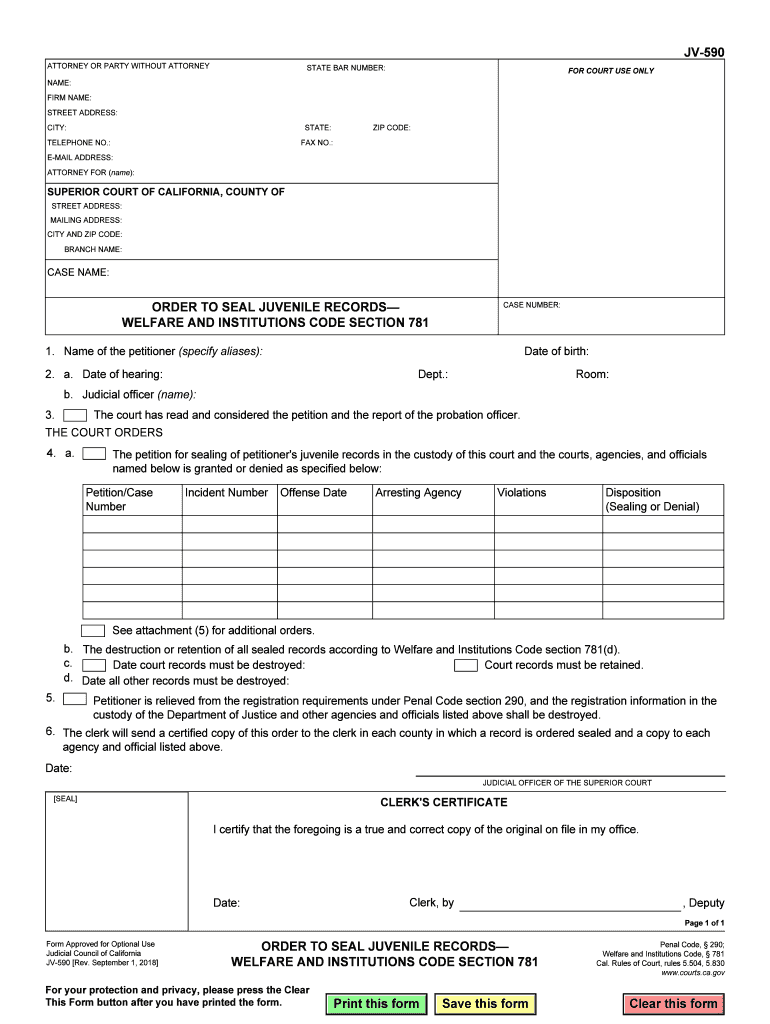 Fillable Online JV 590 ORder to SEal Juvenile Records  Form