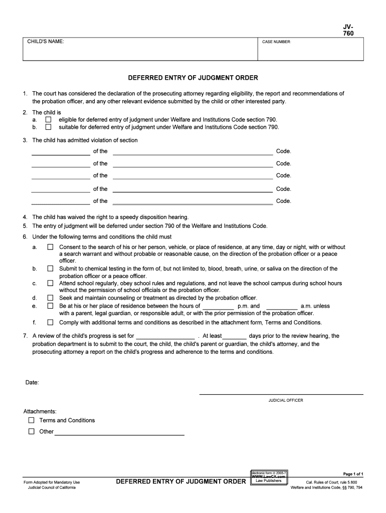 Deferred Entry of Judgment Order JV 760Pdf Fpdf DOC DOCX  Form