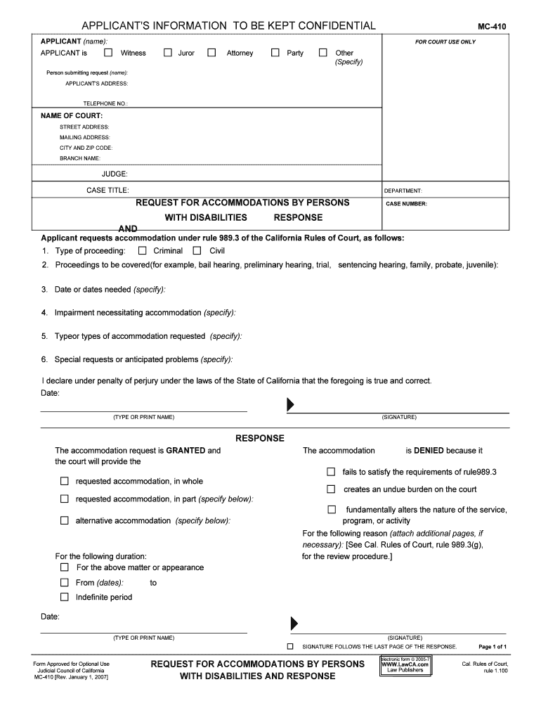 MC 410 APPLICANT'S INFORMATIONTO BE KEPT CONFIDENTIAL