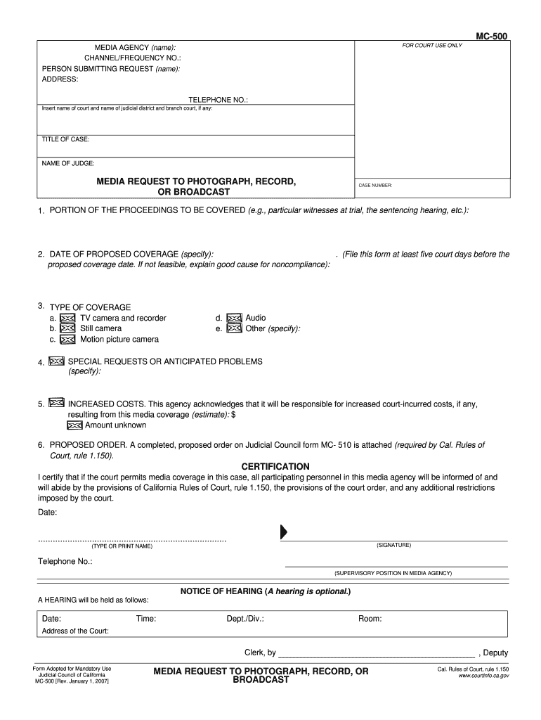 MC 510 Order on Media Request to Permit California Courts  Form