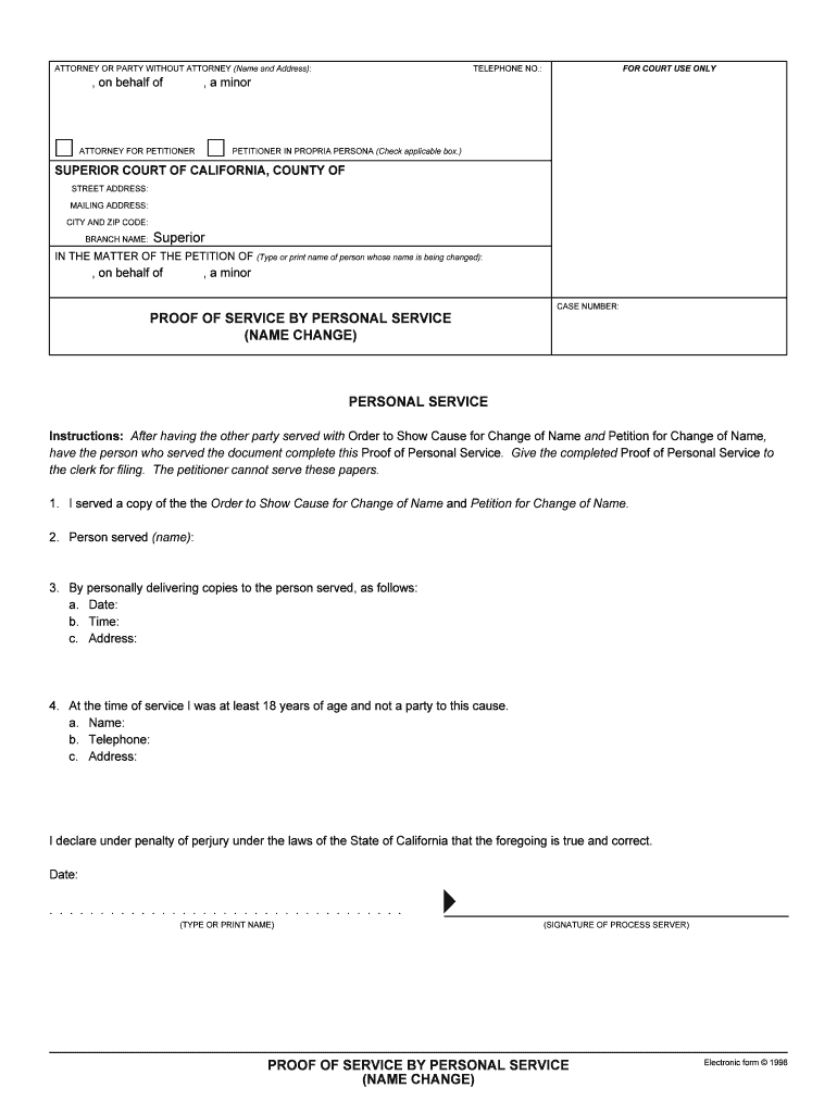 Proof of Service by Personal Service CHANGE of NAME  Form