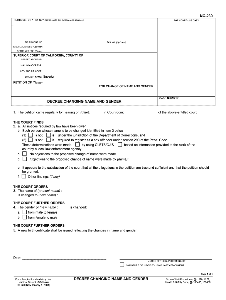 Form NC 230 Download Printable PDF, Decree Changing Name and