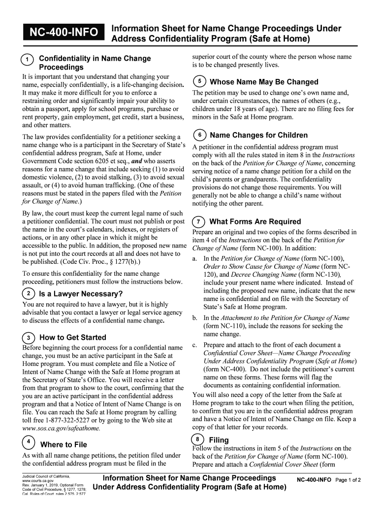 NC 400 INFO Information Sheet for Name Change Proceedings