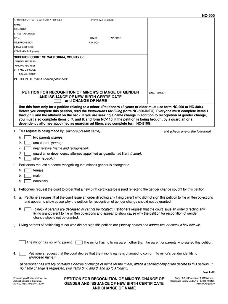 NC 500 Petition for Recognition of Minor's Change of Gender and Issuance of New Birth Certificate and Change of Name Judicial Co  Form