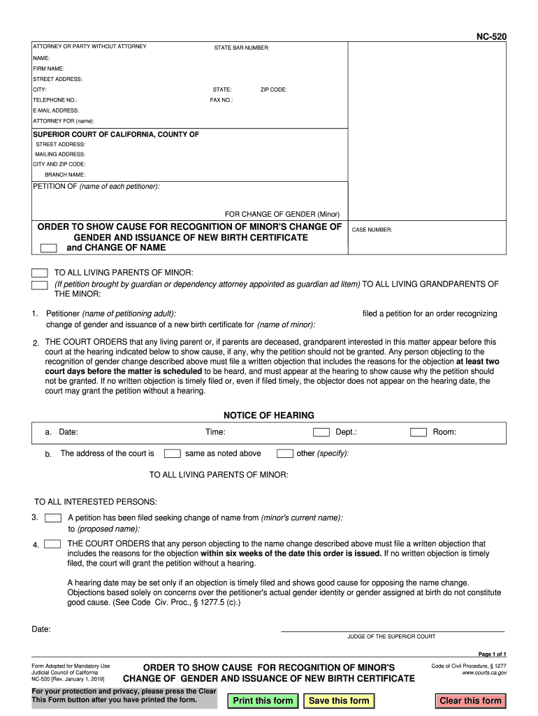 NC 330 Order Recognizing Change of Gender California Courts  Form