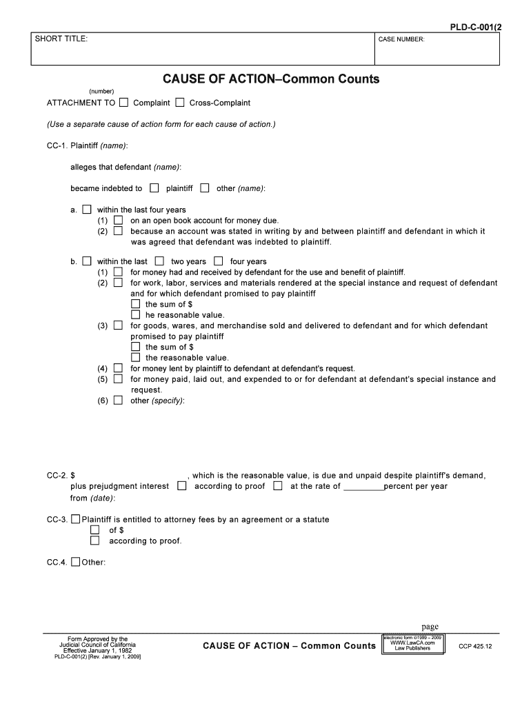 PLD C 0012 Cause of Action Common Counts Judicial Council Forms Civil