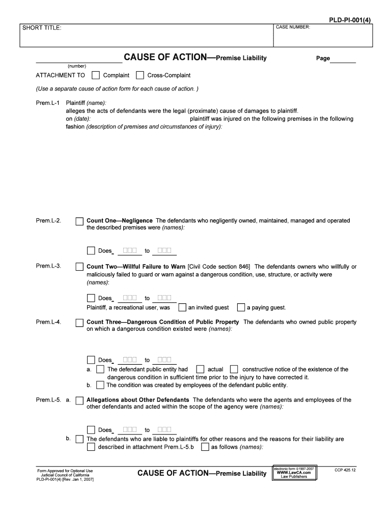 Cause of Action Premise Liability 982 15 Cause of Action Premise Liability 982 15  Form