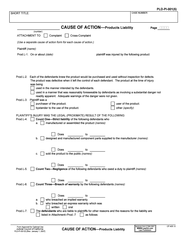 Cause of Action Products Liability 982 16 Cause of Action Products Liability 982 16  Form