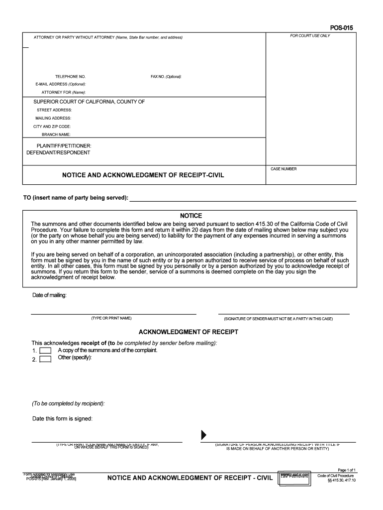 NOTICE and ACKNOWLEDGMENT of RECEIPT CIVIL  Form