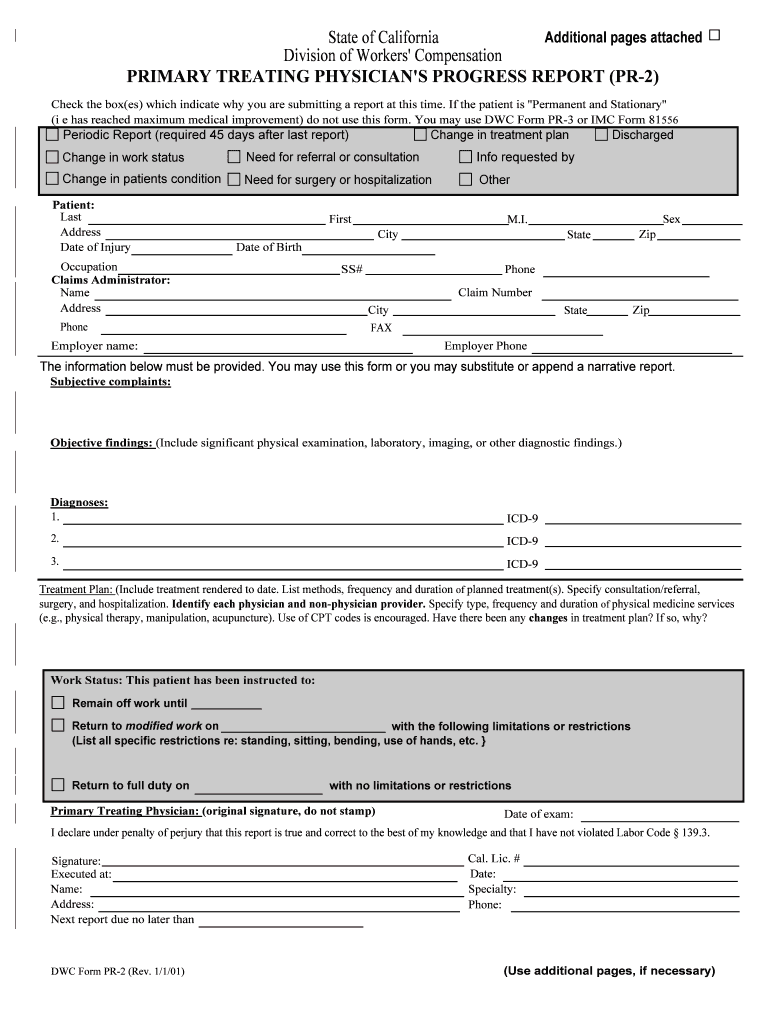 PRIMARY TREATING PHYSICIAN'S PROGRESS REPORT PR 2  Form