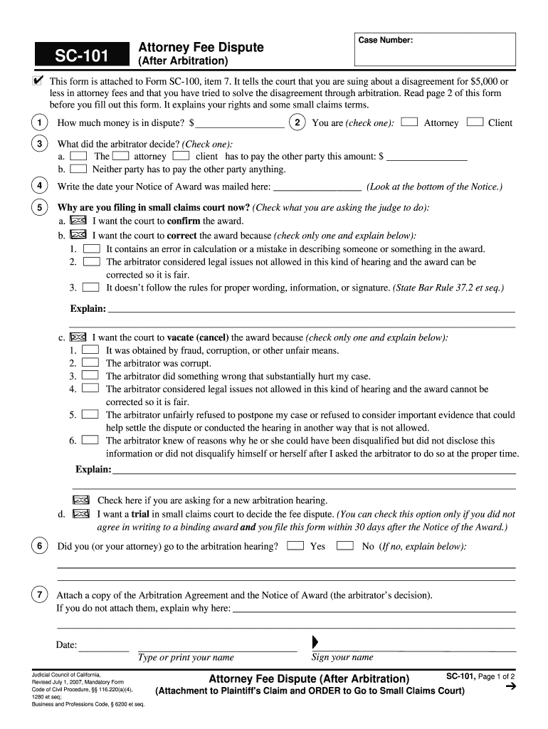 SC 101 Attorney Fee Dispute After Arbitration Attachment to  Form