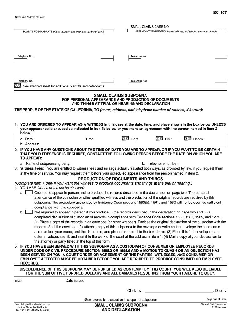 SC 107 Small Claims Subpoena for Personal Appearance and  Form