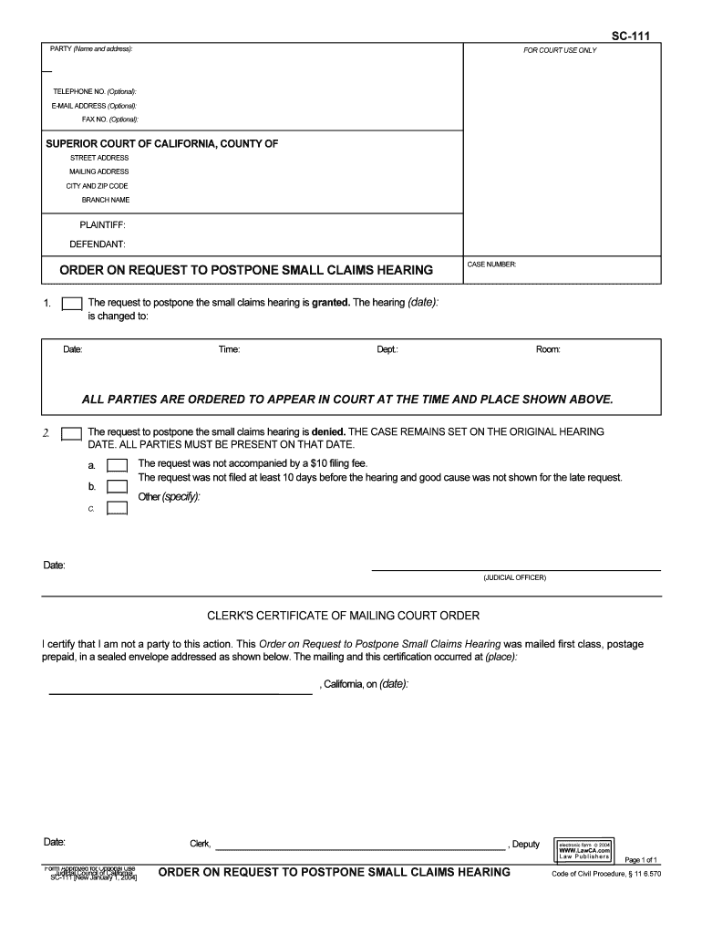 SC 111 ORDER on REQUEST to POSTPONE SMALL CLAIMS  Form