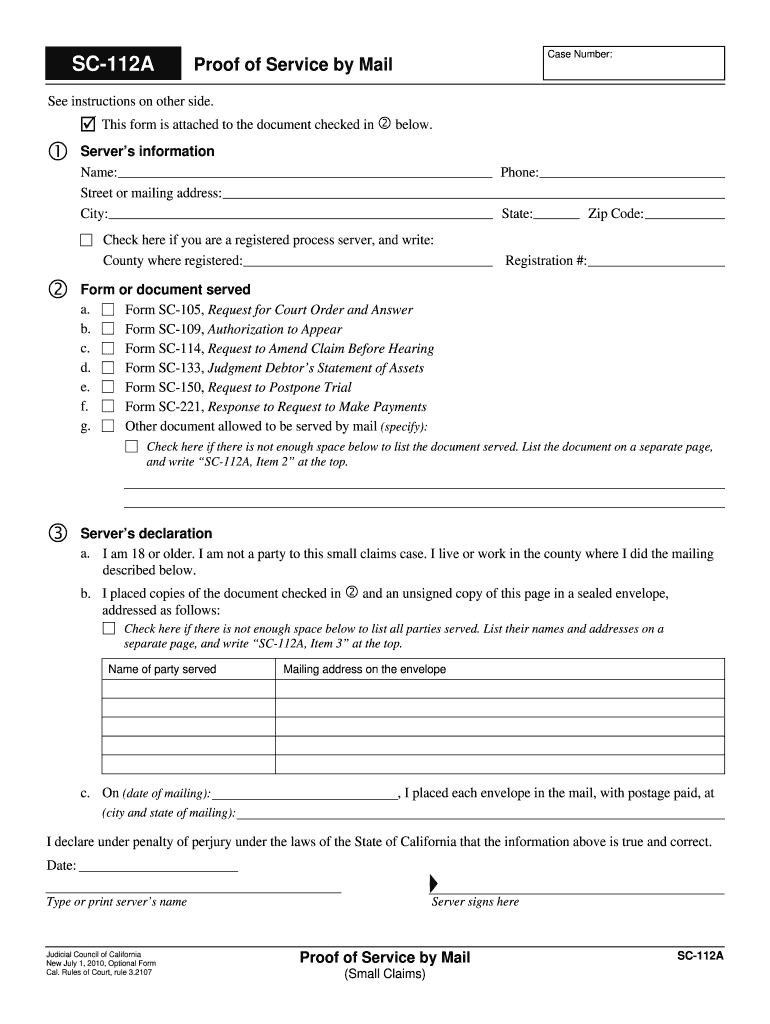 SC 112A Proof of Service by Mail Small Claims  Form