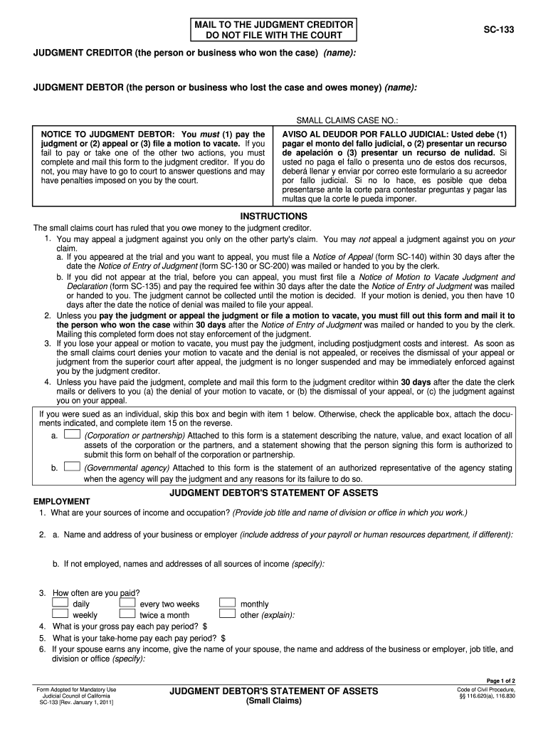 SC 133* Judgment Debtor's Statement of Assets Small Claims Judicial Council Forms