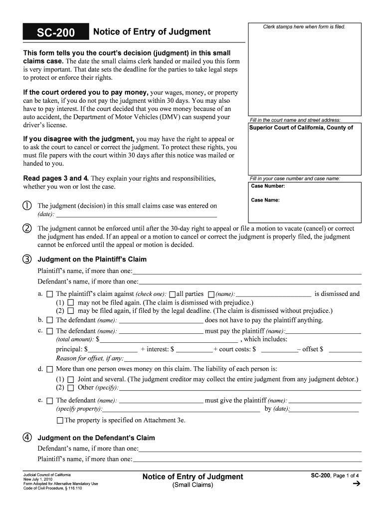 SC 200 Notice of Entry of Judgment Small Claims  Form