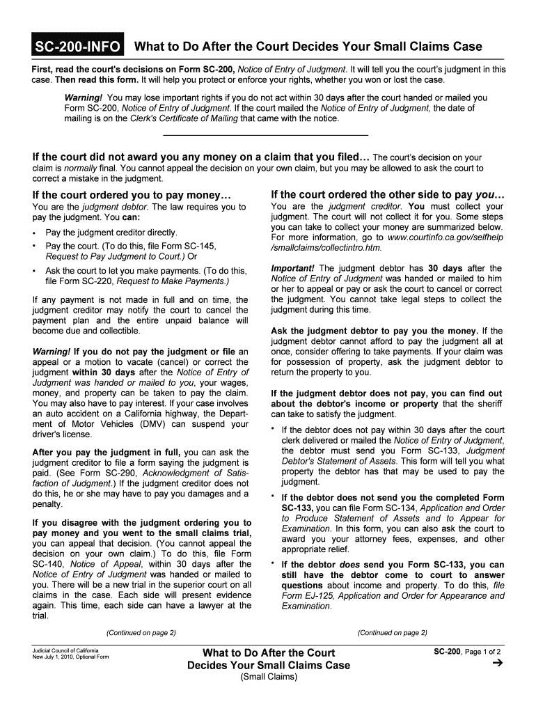 SC 100 Plaintiff S Claim and ORDER to Go to Small Claims Court  Form