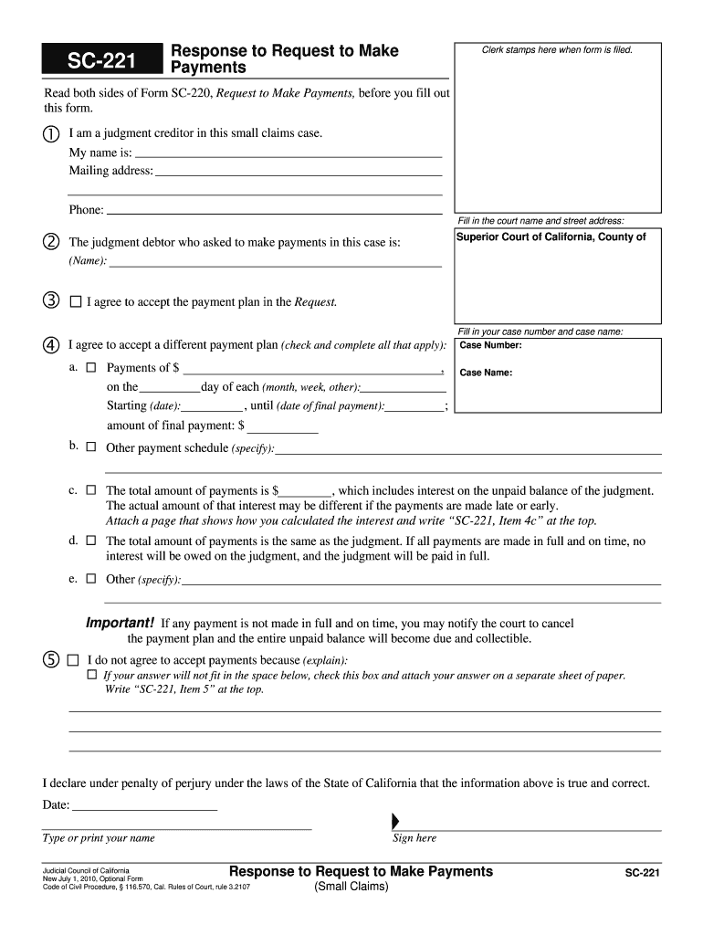 SC 221 Response to Request to Make Payments Small Claims  Form