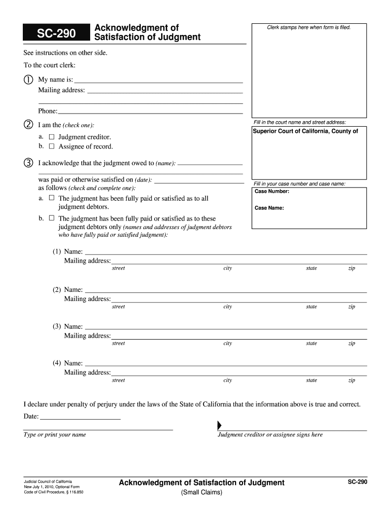 SC 290 Acknowledgment of Satisfaction of Judgment  Form