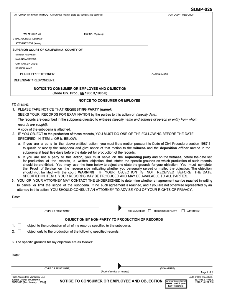 Subp025 Notice to Consumer or Superior Court  Form