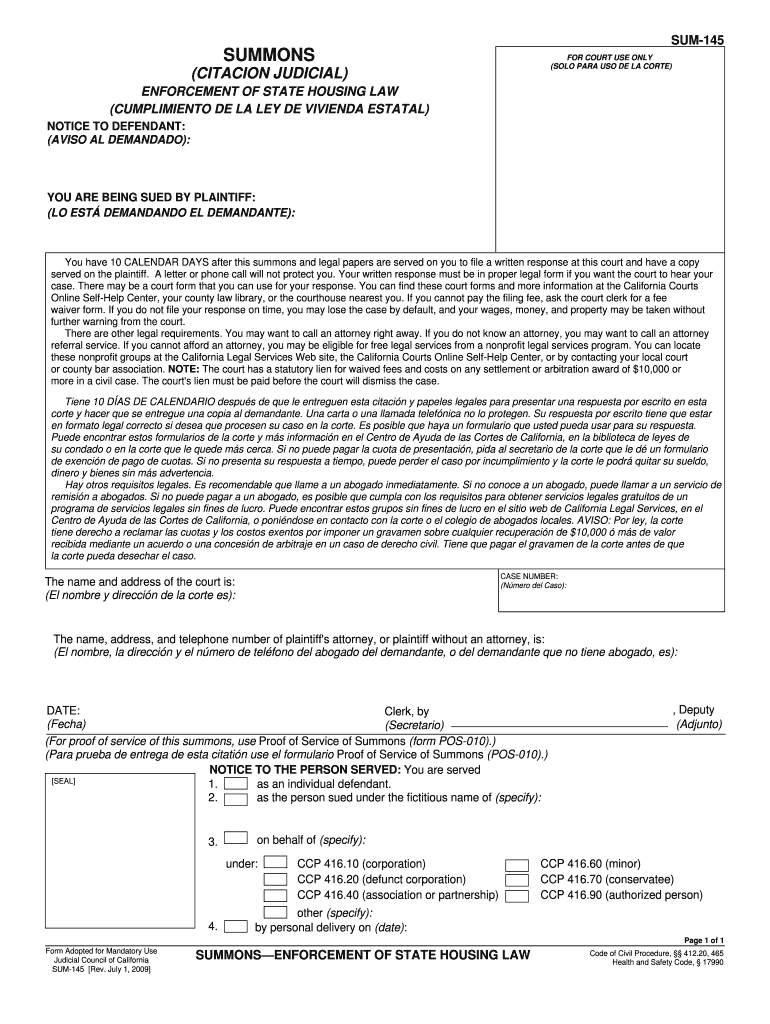 Form SUM 145 Summons Citacion Judicial Enforcement of