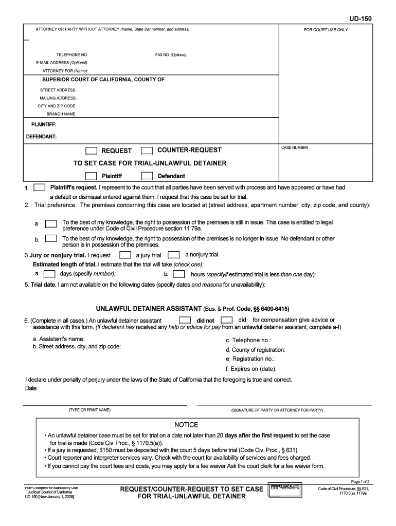 To SET CASE for TRIAL UNLAWFUL DETAINER  Form