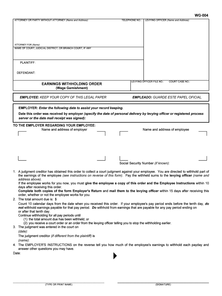 WG 004 Earnings Withholding Order for Support Wage Garnishment  Form